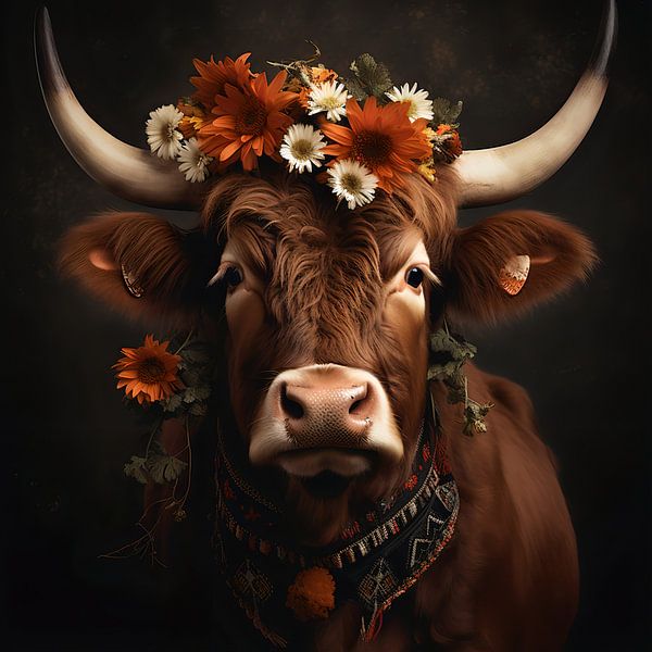 Braunes Rind mit Blumenschmuck
