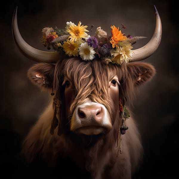 Hochlandrind mit traditionellem Kopfschmuck