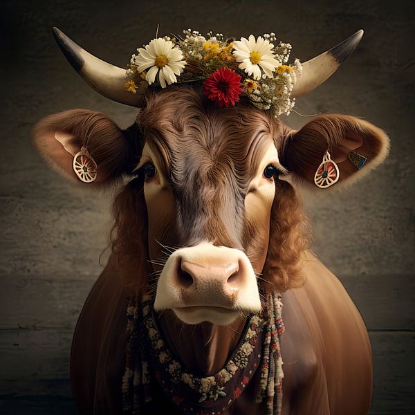 Kuh "Curly" mit Kopfschmuck aus Blumen